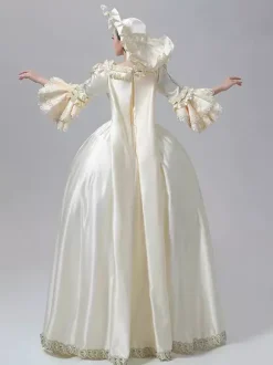 Robe victorienne pour femme couleur champagne manches longues style rétro robe de bal avec chapeau.