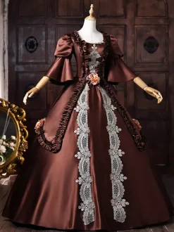 Robe victorienne rococo marron pour femme ornée d'appliqués de dentelle et de manches évasées style rétro vintage