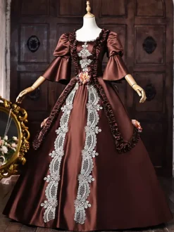 Robe victorienne rococo marron pour femme ornée d'appliqués de dentelle et de manches évasées style rétro vintage