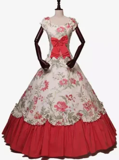 Robe Victorienne rétro noirs n艙uds Polyester Robe Marie Antoinette Costume robe à imprimé fleuri tunique rétro femme vêtements Vintage Bourgogne