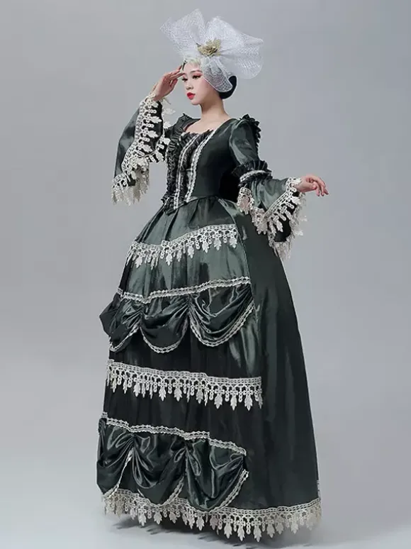 Robe victorienne vintage style Marie-Antoinette manches longues trompette bordure en dentelle
