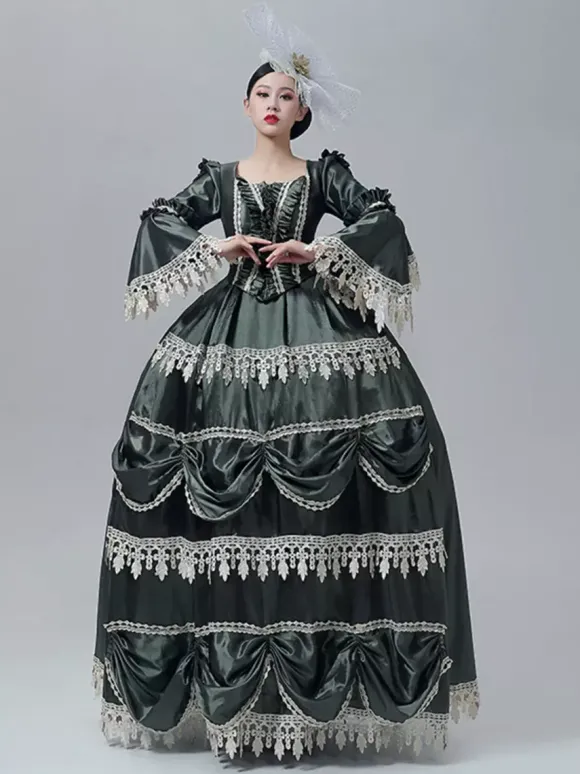 Robe victorienne vintage style Marie-Antoinette manches longues trompette bordure en dentelle