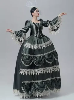 Robe victorienne vintage style Marie-Antoinette manches longues trompette bordure en dentelle