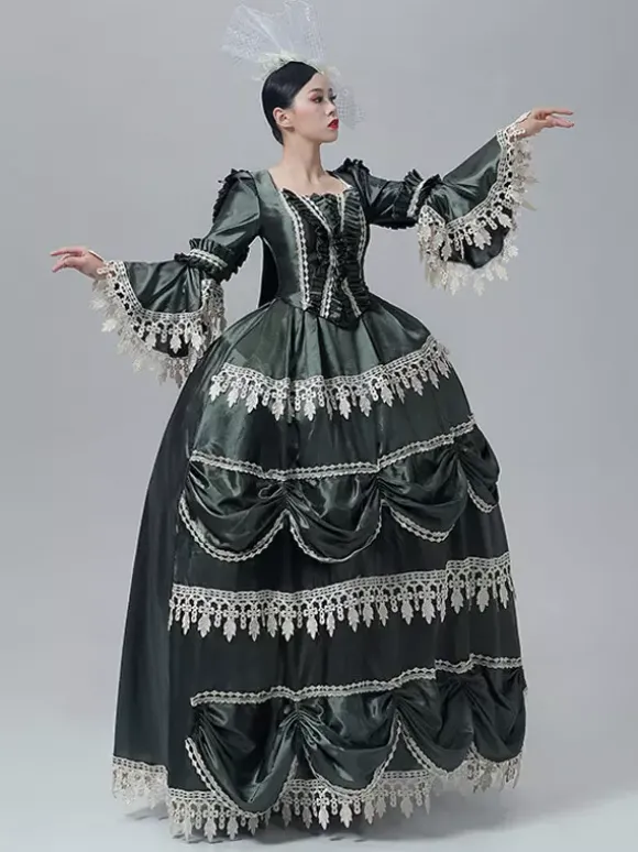 Robe victorienne vintage style Marie-Antoinette manches longues trompette bordure en dentelle