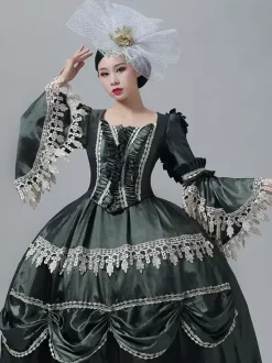 Robe victorienne vintage style Marie-Antoinette manches longues trompette bordure en dentelle
