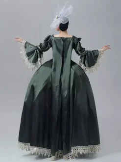 Robe victorienne vintage style Marie-Antoinette manches longues trompette bordure en dentelle