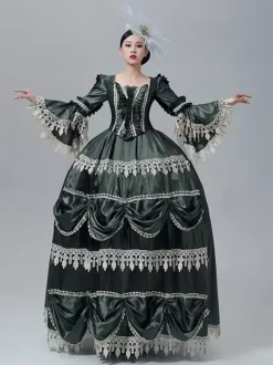 Robe victorienne vintage style Marie-Antoinette manches longues trompette bordure en dentelle