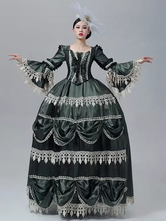 Robe victorienne vintage style Marie-Antoinette manches longues trompette bordure en dentelle