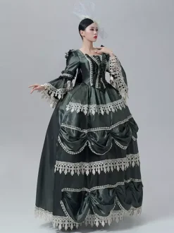Robe victorienne vintage style Marie-Antoinette manches longues trompette bordure en dentelle
