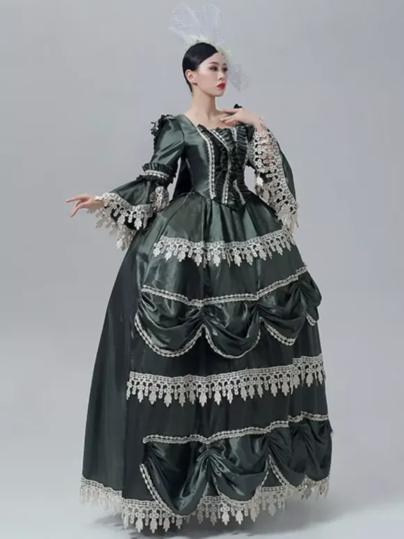 Robe victorienne vintage style Marie-Antoinette manches longues trompette bordure en dentelle