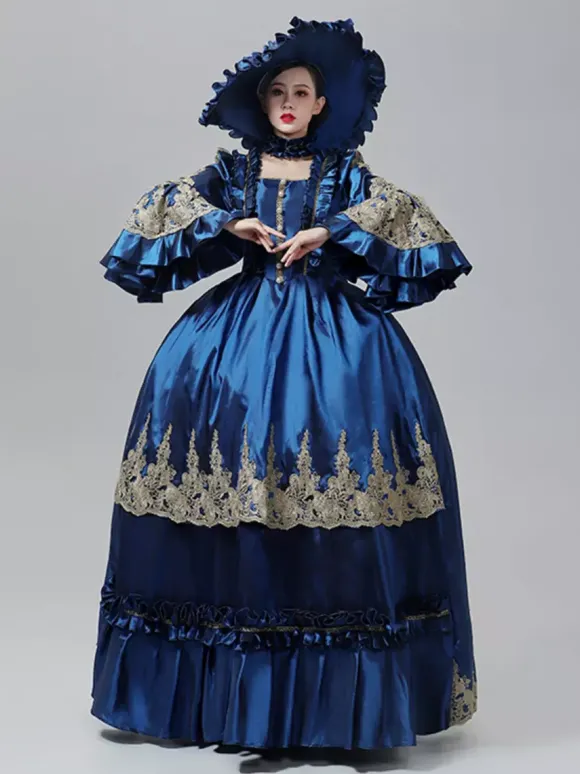 Robe vintage bleue de style victorien rococo Marie-Antoinette manches longues évasées longueur au sol.