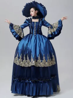 Robe vintage bleue de style victorien rococo Marie-Antoinette manches longues évasées longueur au sol.