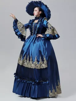 Robe vintage bleue de style victorien rococo Marie-Antoinette manches longues évasées longueur au sol.