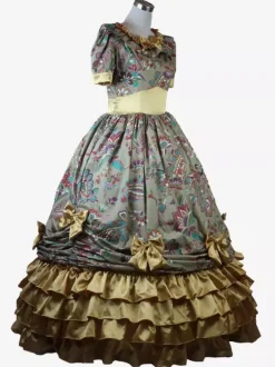 Robe Vintage Costumes Rétro Marron Clair Femmes Imprimé Fleuri Volants Robe Tunique Costume Marie Antoinette Déguisement Médiéval
