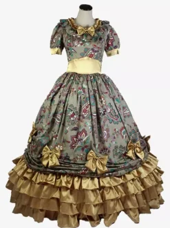 Robe Vintage Costumes Rétro Marron Clair Femmes Imprimé Fleuri Volants Robe Tunique Costume Marie Antoinette Déguisement Médiéval