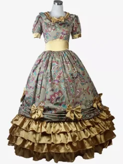 Robe Vintage Costumes Rétro Marron Clair Femmes Imprimé Fleuri Volants Robe Tunique Costume Marie Antoinette Déguisement Médiéval