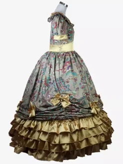 Robe Vintage Costumes Rétro Marron Clair Femmes Imprimé Fleuri Volants Robe Tunique Costume Marie Antoinette Déguisement Médiéval