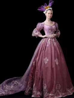 Robe Vintage Costumes Rétro Rose Fuchsia Robe Brodé Costume Marie Antoinette Tunique Royale Femme Robe De Bal Déguisement Médiéval