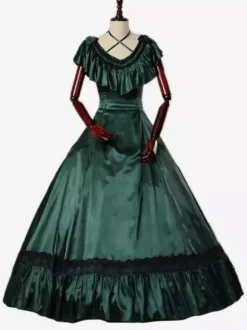 Robe Vintage Costumes rétro vert foncé volants Marie Antoinette robe tunique rétro femme 18ème siècle Déguisement Médiéval