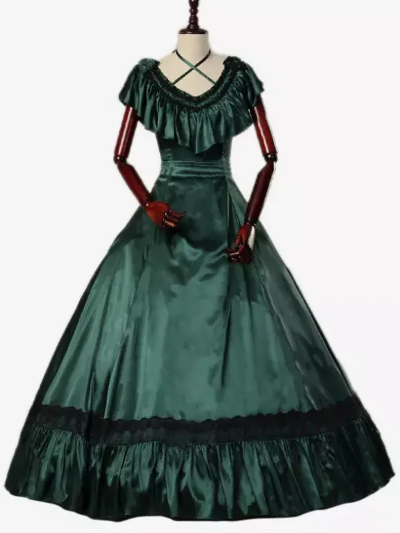 Robe Vintage Costumes rétro vert foncé volants Marie Antoinette robe tunique rétro femme 18ème siècle Déguisement Médiéval