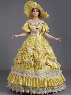 Robe vintage jaune en dentelle et polyester chapeau en dentelle costume victorien pour femme du XVIIIe siècle
