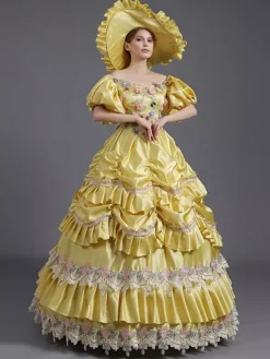 Robe vintage jaune en dentelle et polyester chapeau en dentelle costume victorien pour femme du XVIIIe siècle