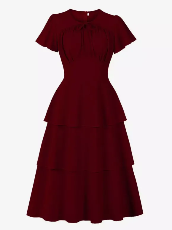Robe vintage élégante pour femme robe midi à volants manches courtes papillon n艙ud sur le devant coupe cintrée et évasée