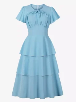 Robe vintage élégante pour femme robe midi à volants manches courtes papillon n艙ud sur le devant coupe cintrée et évasée