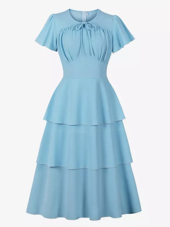 Robe vintage élégante pour femme robe midi à volants manches courtes papillon n艙ud sur le devant coupe cintrée et évasée