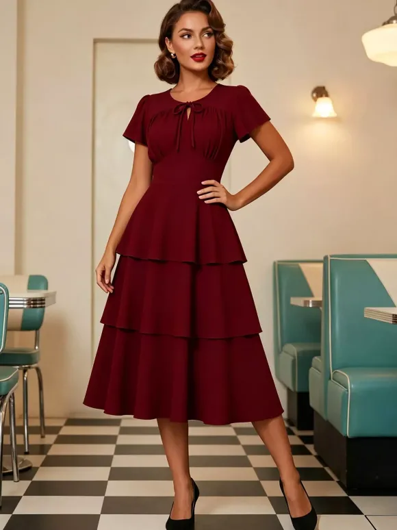 Robe vintage élégante pour femme robe midi à volants manches courtes papillon n艙ud sur le devant coupe cintrée et évasée