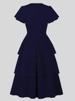 Robe vintage élégante pour femme robe midi à volants manches courtes papillon n艙ud sur le devant coupe cintrée et évasée