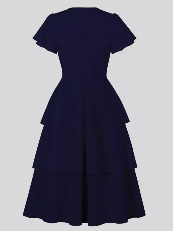 Robe vintage élégante pour femme robe midi à volants manches courtes papillon n艙ud sur le devant coupe cintrée et évasée