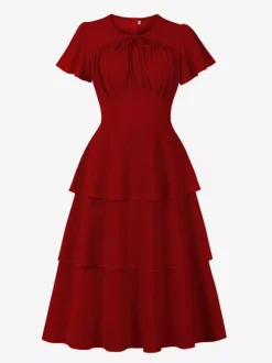 Robe vintage élégante pour femme robe midi à volants manches courtes papillon n艙ud sur le devant coupe cintrée et évasée
