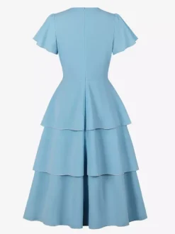 Robe vintage élégante pour femme robe midi à volants manches courtes papillon n艙ud sur le devant coupe cintrée et évasée