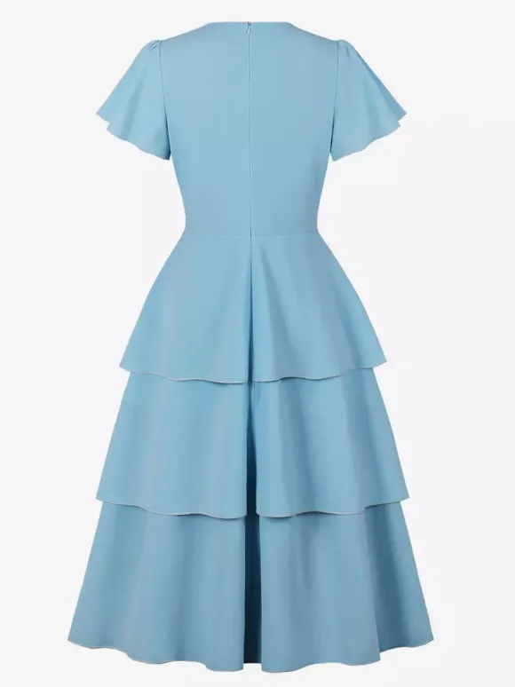 Robe vintage élégante pour femme robe midi à volants manches courtes papillon n艙ud sur le devant coupe cintrée et évasée