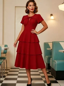 Robe vintage élégante pour femme robe midi à volants manches courtes papillon n艙ud sur le devant coupe cintrée et évasée
