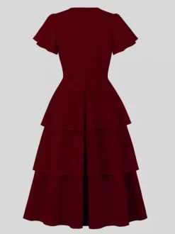 Robe vintage élégante pour femme robe midi à volants manches courtes papillon n艙ud sur le devant coupe cintrée et évasée