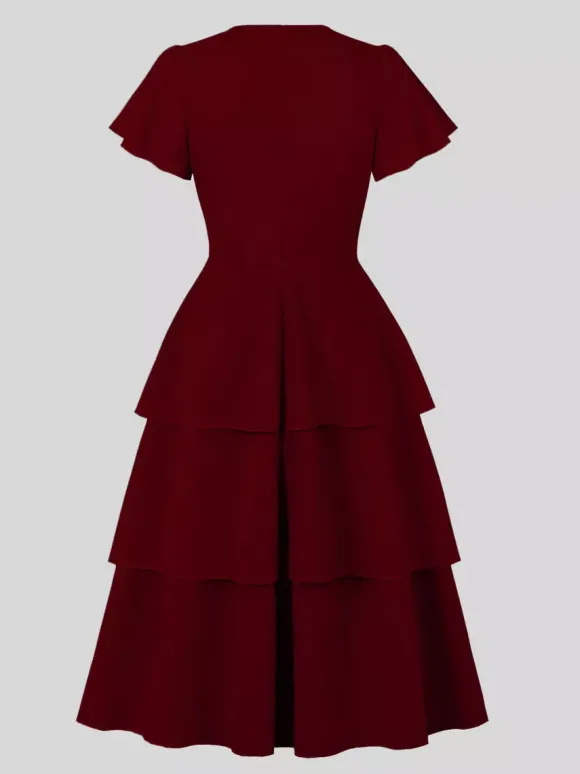 Robe vintage élégante pour femme robe midi à volants manches courtes papillon n艙ud sur le devant coupe cintrée et évasée