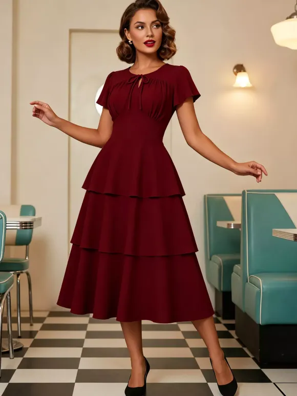 Robe vintage élégante pour femme robe midi à volants manches courtes papillon n艙ud sur le devant coupe cintrée et évasée