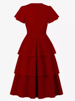 Robe vintage élégante pour femme robe midi à volants manches courtes papillon n艙ud sur le devant coupe cintrée et évasée