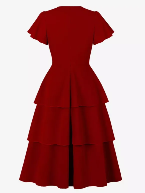 Robe vintage élégante pour femme robe midi à volants manches courtes papillon n艙ud sur le devant coupe cintrée et évasée