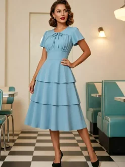 Robe vintage élégante pour femme robe midi à volants manches courtes papillon n艙ud sur le devant coupe cintrée et évasée