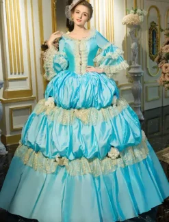 Robe Vintage Opéra Costume rétro bleu Rococo Tiered Bell manches princesse robe Déguisements Halloween