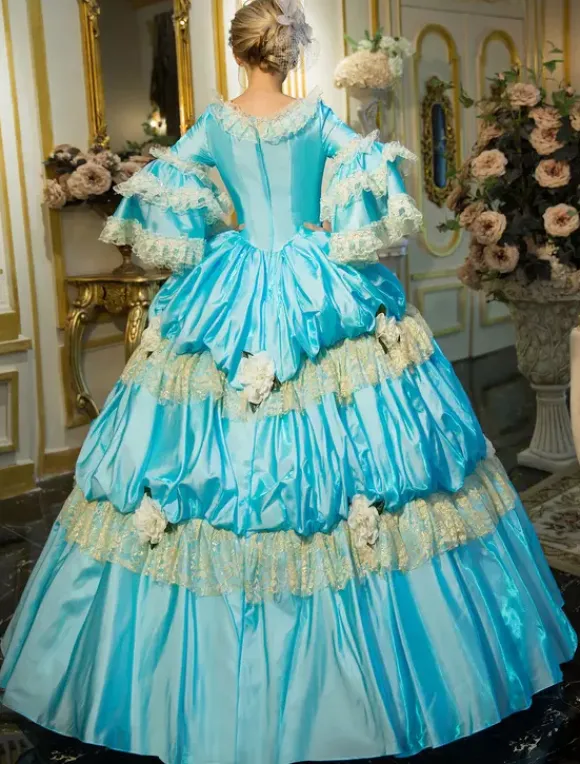 Robe Vintage Opéra Costume rétro bleu Rococo Tiered Bell manches princesse robe Déguisements Halloween