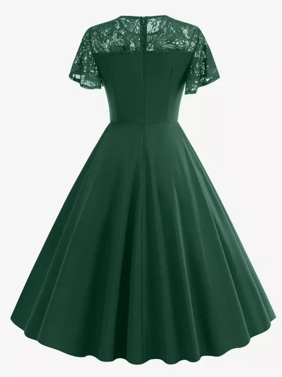 Robe vintage style années 50 col rond en dentelle manches courtes taille M bordeaux coupe trapèze