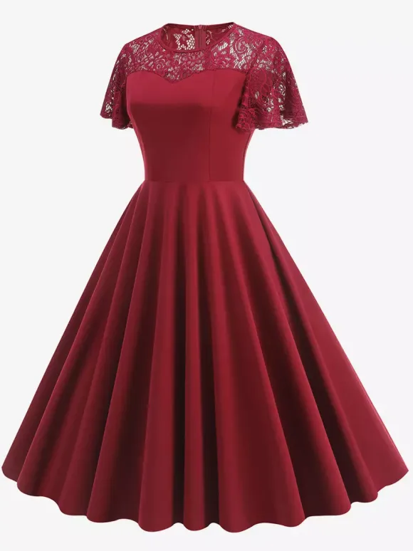 Robe vintage style années 50 col rond en dentelle manches courtes taille M bordeaux coupe trapèze