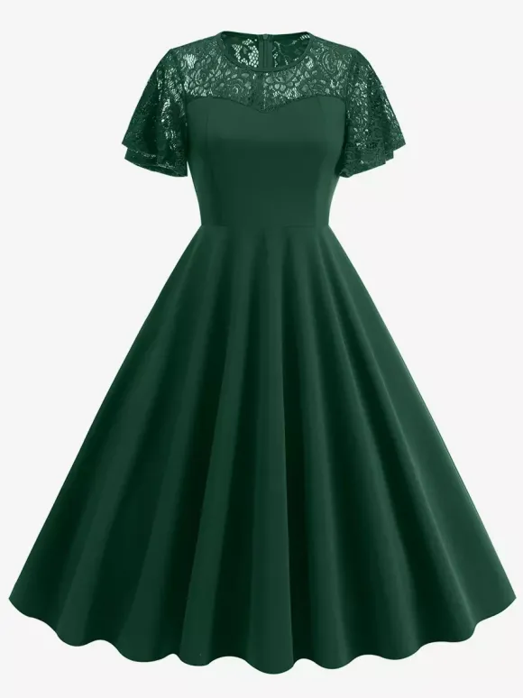 Robe vintage style années 50 col rond en dentelle manches courtes taille M bordeaux coupe trapèze