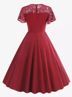 Robe vintage style années 50 col rond en dentelle manches courtes taille M bordeaux coupe trapèze