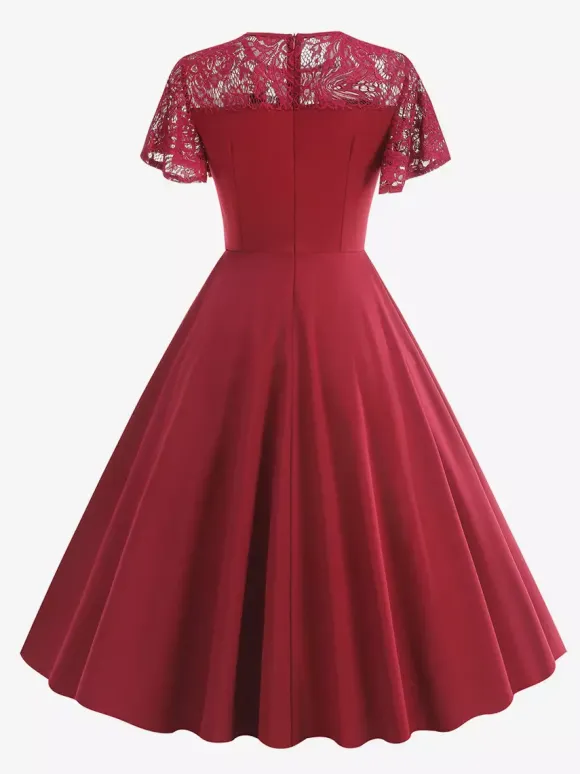 Robe vintage style années 50 col rond en dentelle manches courtes taille M bordeaux coupe trapèze