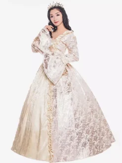Robe Beige Rétro Costumes À Volants Déguisements Halloween Style Victorien Imprimé Fleur Robe Femmes Vêtements Vintage